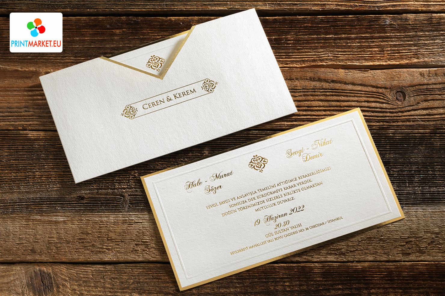 Enveloppe noire, carte d'invitation de luxe imprimée en or - Erdem