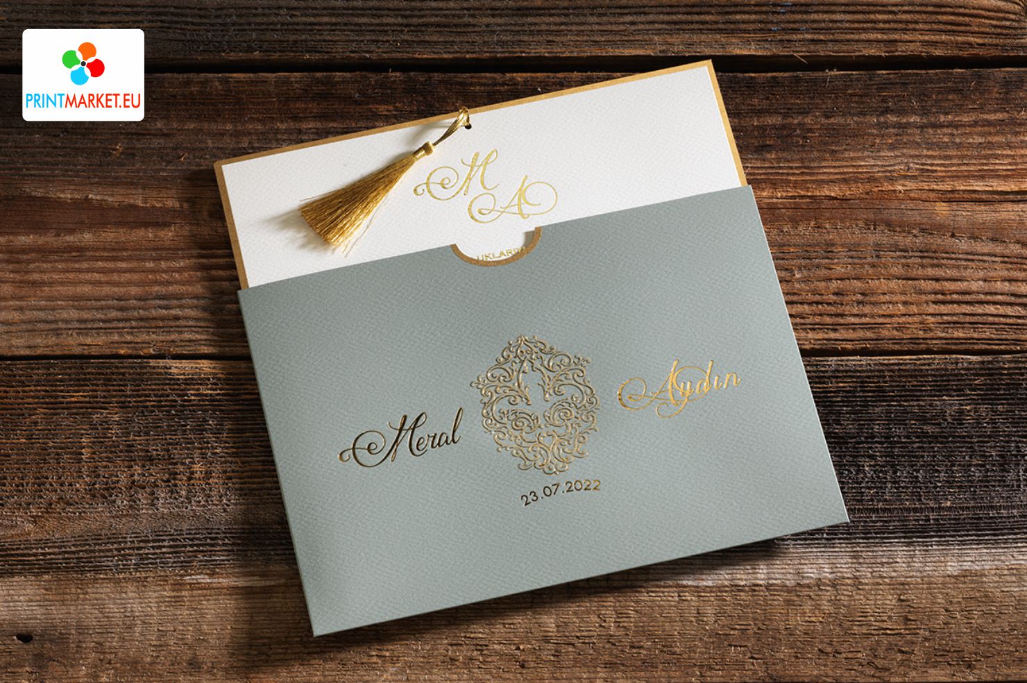 Carte de mariage imprimée en feuille d'or avec enveloppe noire - Erdem 50582