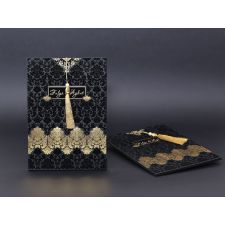 Black Velvet, Gold Hot Foil Printed, Gold Tasseled, Thick Luxury Invitation Card - Alyans 2004