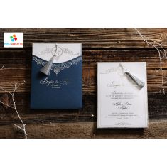 Navy Blue and Silver Printed Elegant Wedding Card with Tassels - Erdem 50573