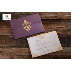 Purple Colored, Gold Leaf Embroidered Envelope, Wedding Card - Erdem 50569