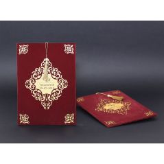 Gold Color Luxury Wedding Card With Laser Cut Purple Velvet Envelope - Alyans 2021