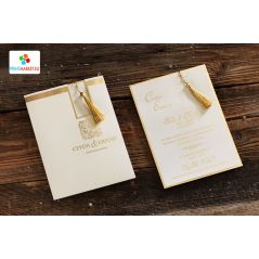 Luxe trouwkaart met reliëfpatroon bedrukt, kwastjes - Erdem 50571