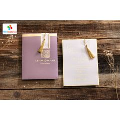 Purple Color Embossed Pattern Printed Luxury Wedding Card With Tassels - Erdem 50572