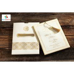 Gold Leaf Embossed Patterned, Tasseled, Wedding Card - Erdem 50589