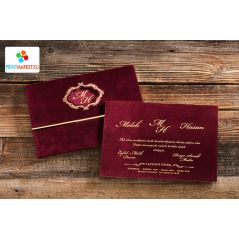 Red Velvet Envelope And Wedding Card. Thick Cardboard, Hot Gold Foil Print