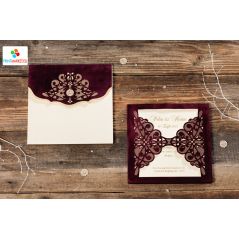 Burgundy Velvet, Laser Cut, Stone Accessory, Thick Luxury Invitation Card