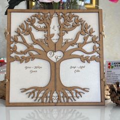 Plane Tree Themed Wooden Wedding Card - Natural Wood - Laser Cut - Wedding Card with Linen Envelope