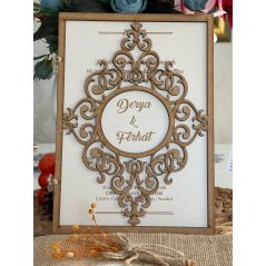 Floral Pattern - Natural Wood - Laser Cut - Wedding Card with Linen Envelope