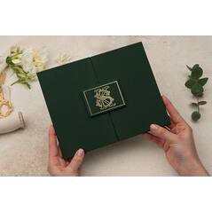 Luxury Linen Wedding Invitation – Emerald Green, Gold Foil, Rigid Board, Transparent Sleeve – Erdem 5107J