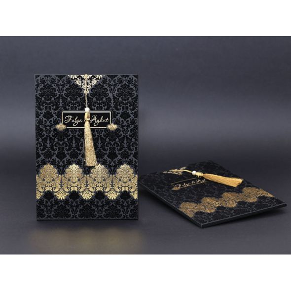 Black Velvet, Gold Hot Foil Printed, Gold Tasseled, Thick Luxury Invitation Card - Alyans 2004