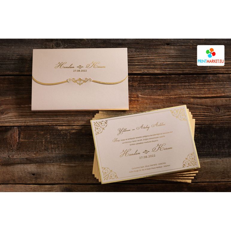 Carte de mariage élégante et simple avec feuille d'or brodée - Erdem 50549