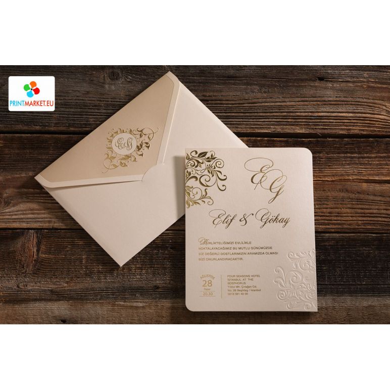 Carte de mariage texturée spéciale imprimée à motif de feuille d'or - Erdem 50576