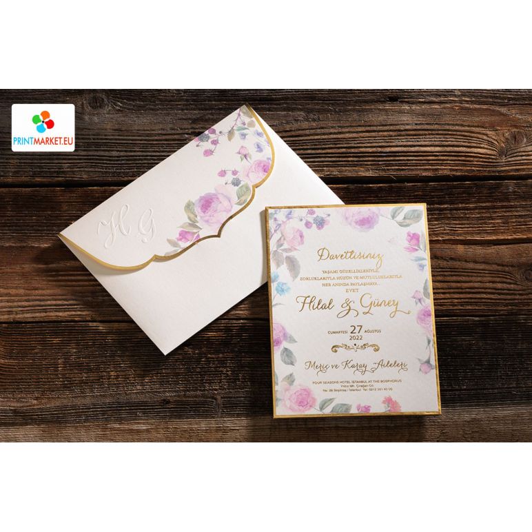 Geprägte Hochzeitskarte mit Efeu-Rosendruck - Erdem 50581