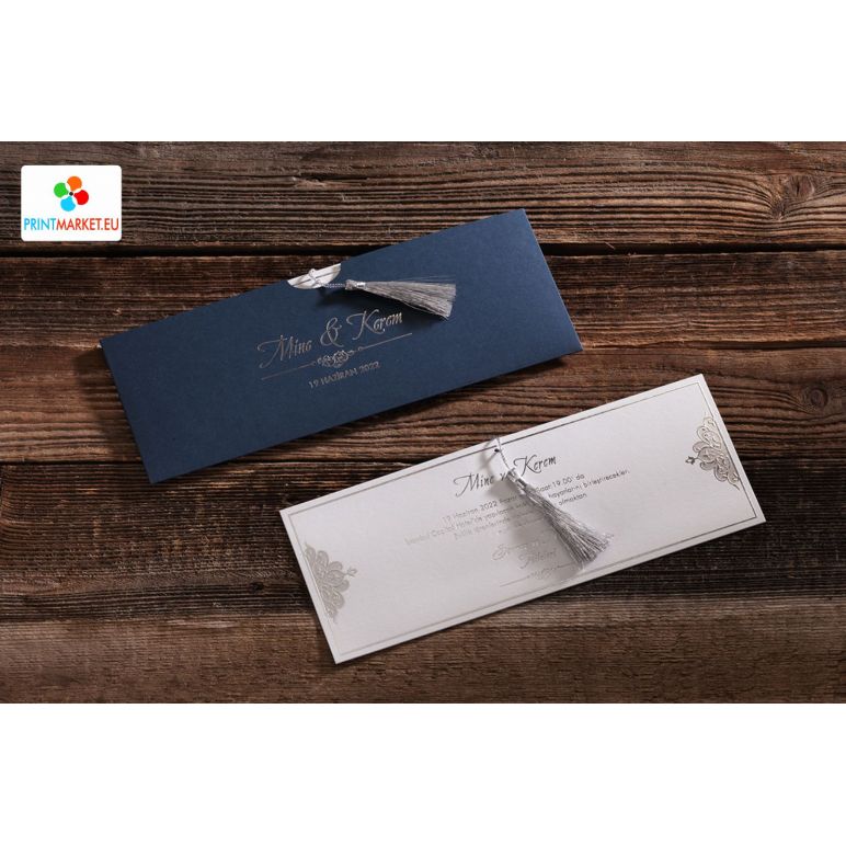 Marineblauer Umschlag, silberfarben bedruckte Luxus-Einladungskarte - Erdem 50585