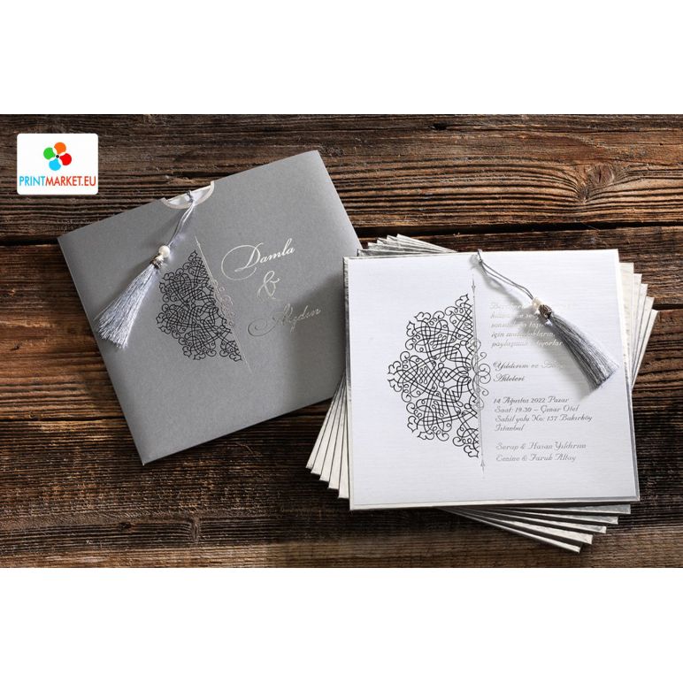 Wedding Card with Silver Color Background and Silver Tassels - Erdem 50591