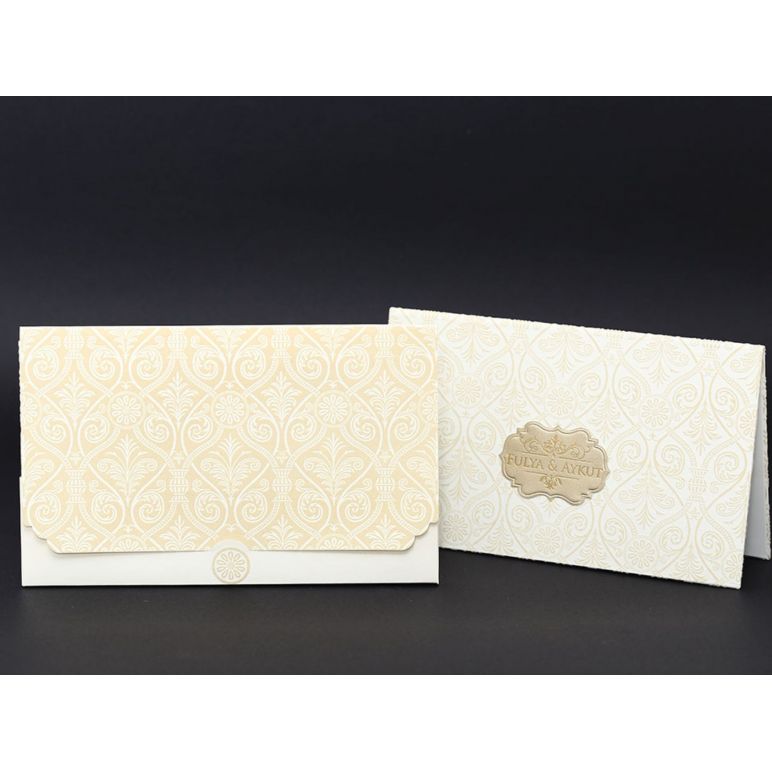 Gold Hot Foil Printed, Cream Color Pattern Velvet Wedding Card - Alyans 2003