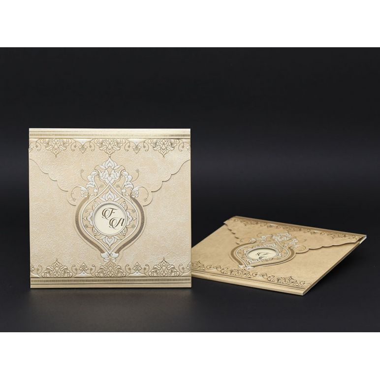 Cream Background, Gold Leaf Printed Luxury Wedding Card - Alyans 2005