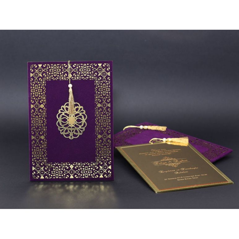 Laserbedrucktes Plexiglas, violetter Samtumschlag, Luxus-Einladungskarte mit Quasten - Alyans 2007