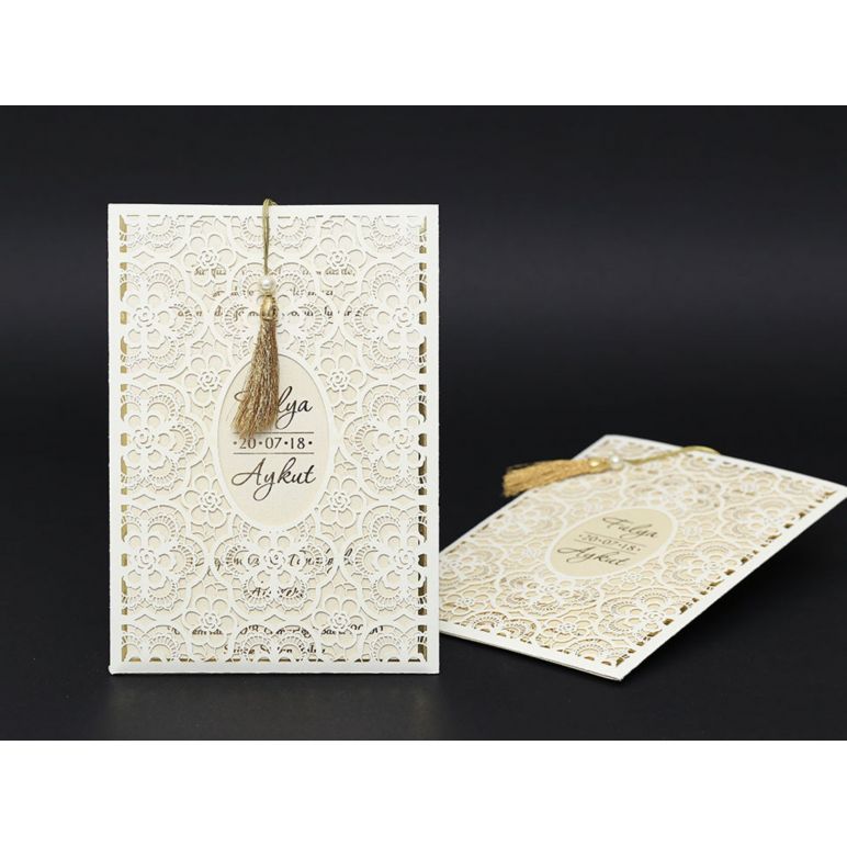 Lasergesneden envelop, trouwkaart met kwastjes - Alyans 2012