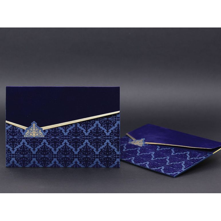 Navy Blue Velvet Embossed Luxury Wedding Card - Alyans 2020