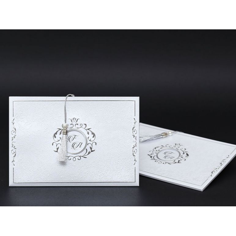 Carte de mariage brodée à motifs en relief, feuille d'argent - Alyans 2031