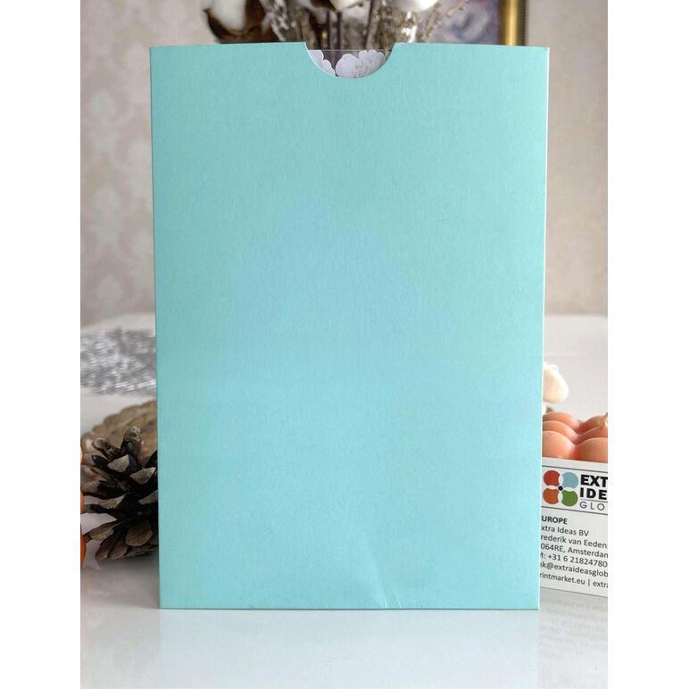 14x20 cm, luxe karton, model met open mond, verticaal formaat - turkooiskleurige envelop