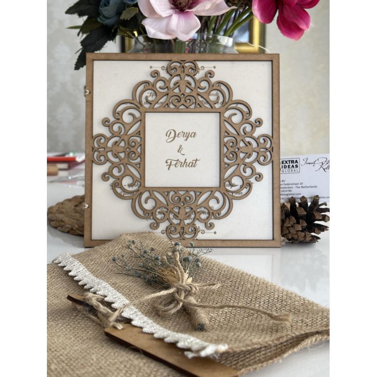 Embroidery Design Wooden Wedding Card - Natural Wood - Laser Cut - Wedding Card with Linen Envelope