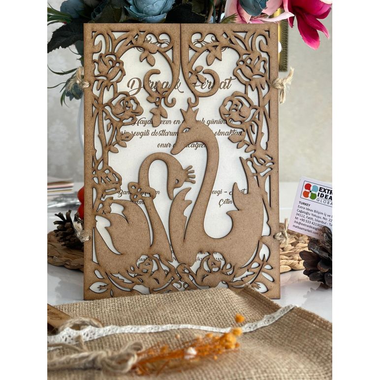 Swan Themed Wooden Wedding Card - Linen Envelope - Laser Cut