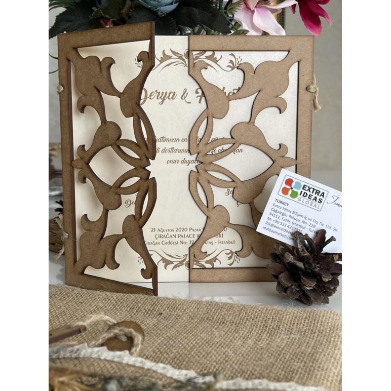 Carte de mariage en bois Tulip Design - Bois naturel - Découpe laser - Carte de mariage avec enveloppe en lin