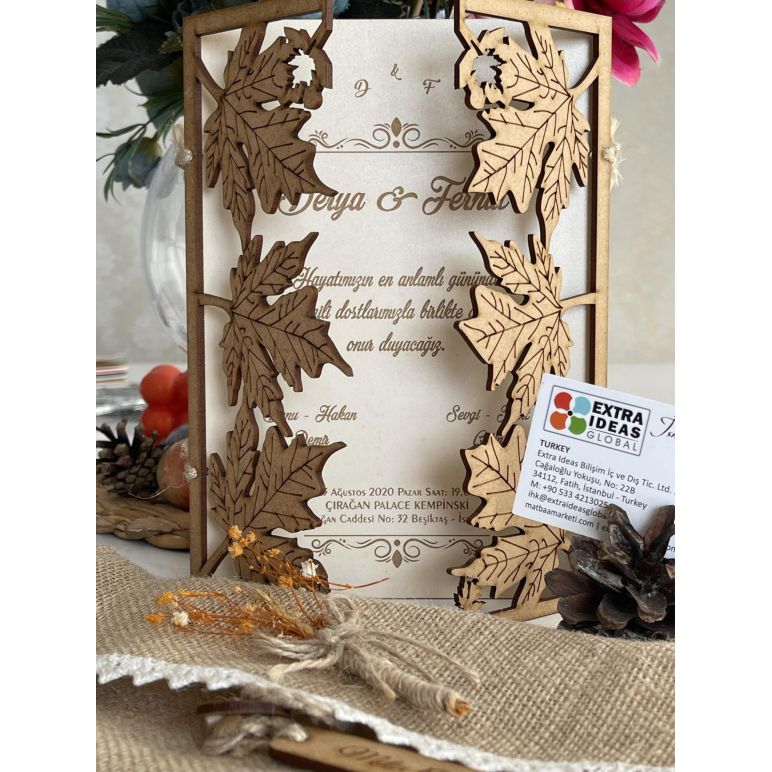 Plane Leaves Themed Wooden Wedding Card - Natural Wood - Laser Cut - Wedding Card with Linen Envelope