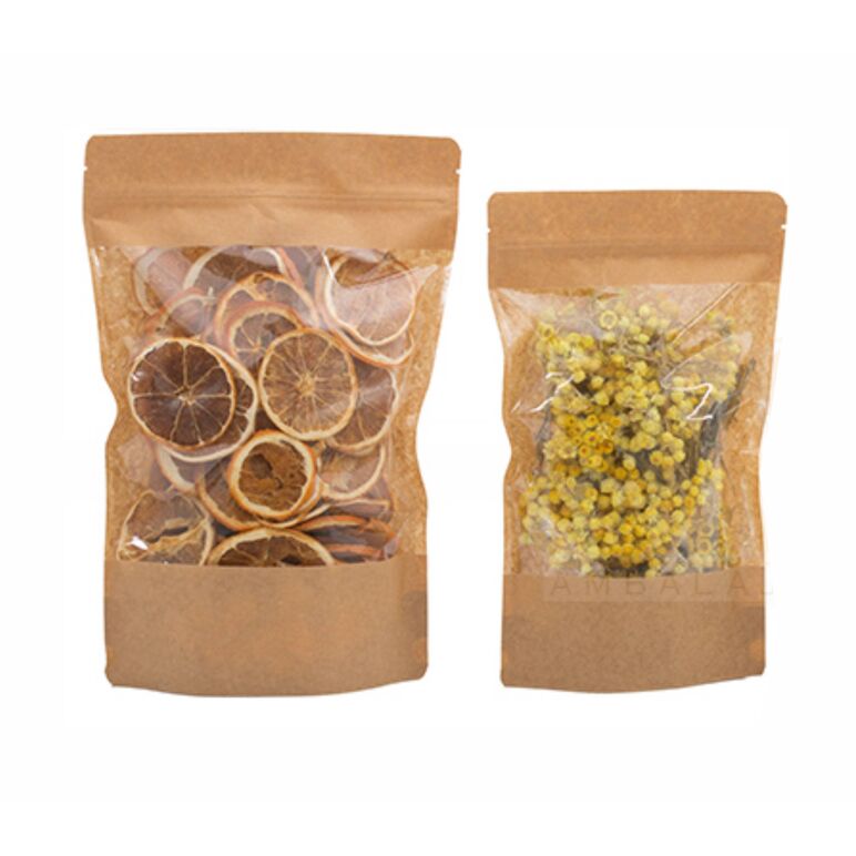 Kraft Stand Up Pouch with Wide Window & Zip Lock – 13x22,5x3,5 cm